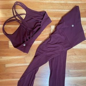 Burgundy lulu lemon align pant and sports bra.